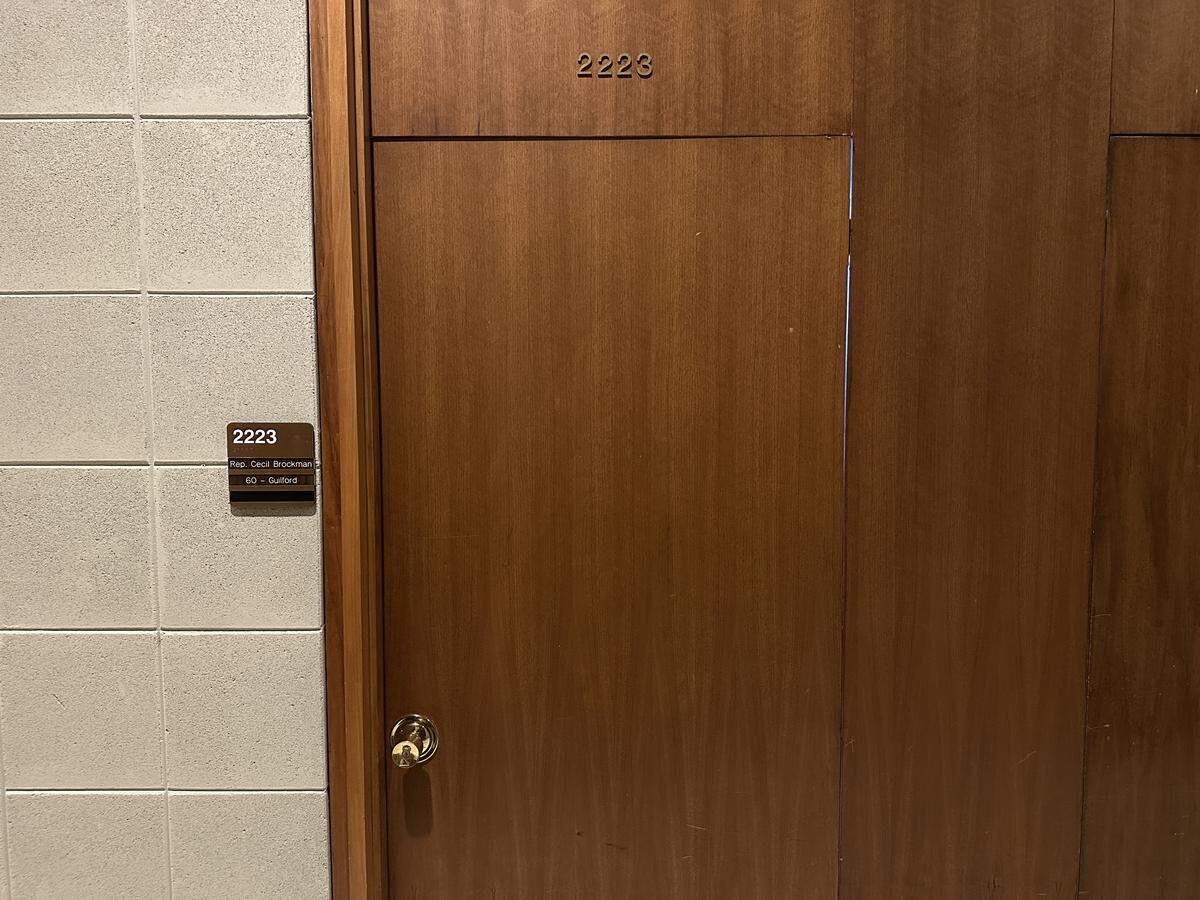 N.C. Rep. Cecil Brockman’s office on the second floor of the Legislative Building in downtown Raleigh where the General Assembly meets, seen here on Oct. 13, 2025.