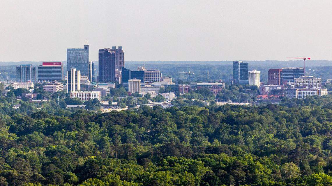 The view of the downtown Raleigh skyline from the 36th floor of Eastern Residences at North Hills.
