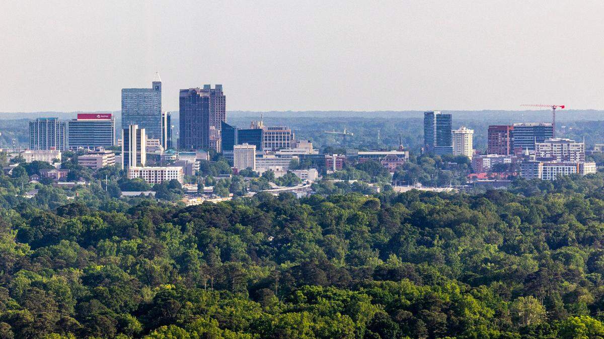 The view of the downtown Raleigh skyline from the 36th floor of Eastern Residences at North Hills.
