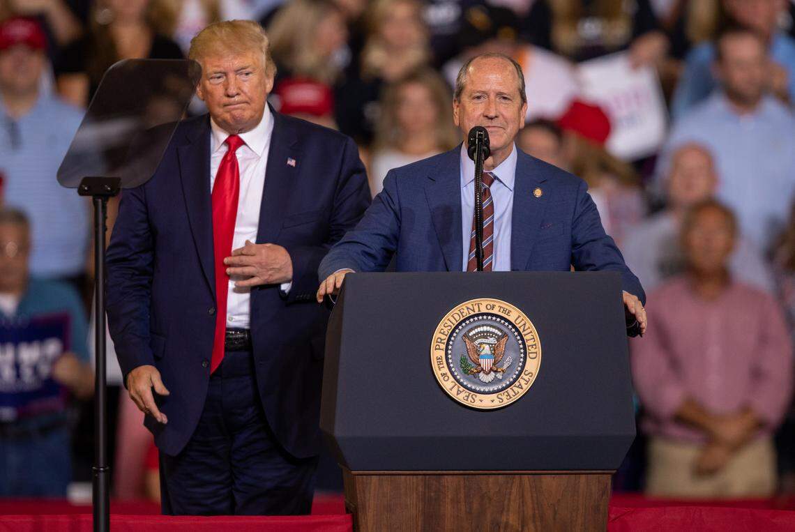 NC Sen. Dan Bishop of Mecklenburg County speaks alongside President Donald Trump Wednesday, July 17, 2019 at a rally in Greenville, NC. Bishop is running for Congress against Democrat Dan McCready in North Carolina’s 9th District. Bishop said McCready accepted a campaign donation from U.S. Rep. Ilhan Omar. Bishop didn’t mention that McCready returned the money.
