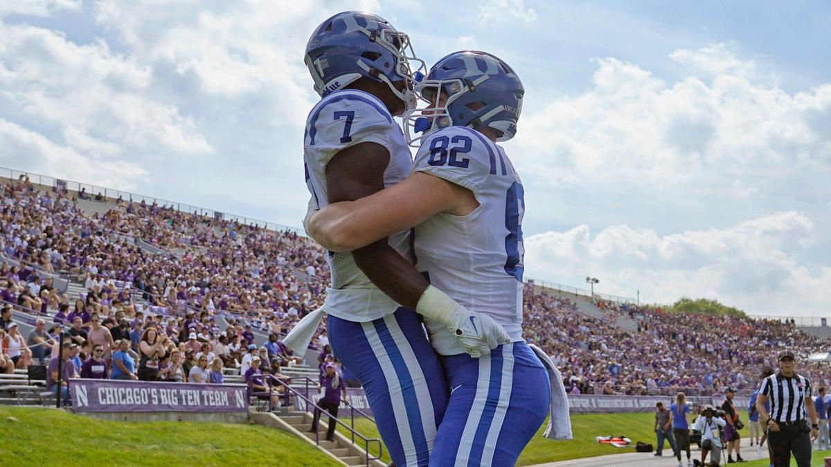 Duke running back Jordan Waters (7) celebrates his touchdown with tight end Cole Finney (82) against Northwestern during the first half of an NCAA college football game, Saturday, Sept.10, 2022, in Evanston, Ill.