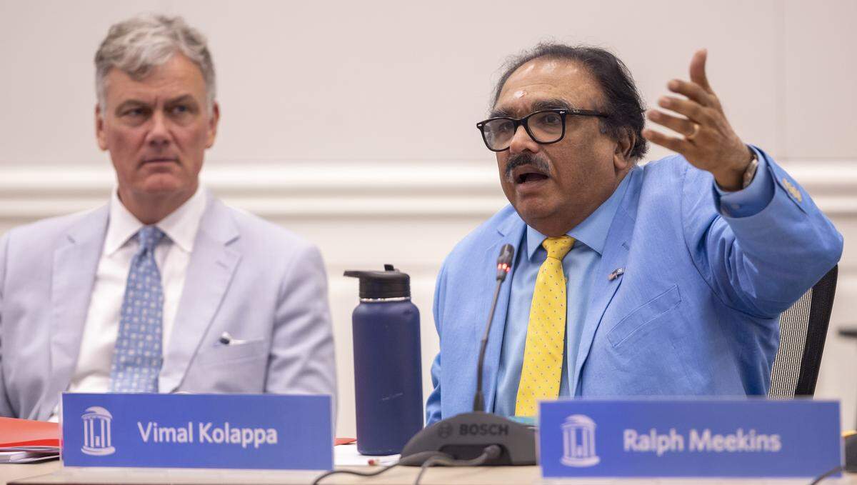UNC Board of Trustees member Vimal Kolappa touts the advantages of building a multi-use stadium facility at UNC’s Carolina North campus aimed at cricket during their meeting on Tuesday, July 30, 2025 in Chapel Hill, N.C.