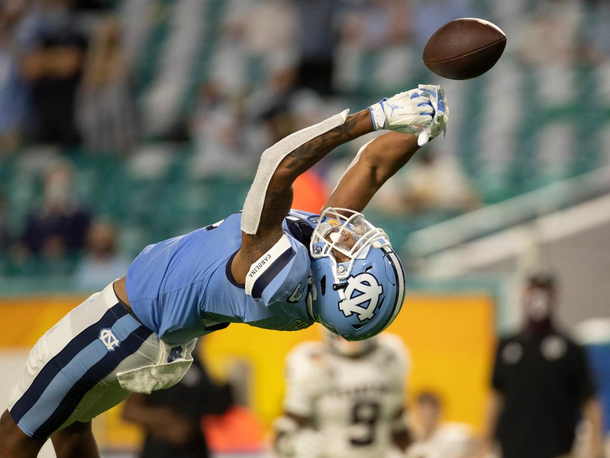 North Carolina’s Antoine Green (3) can’t contain a pass from quarterback Sam Howell at the goal line in the third quarter against Texas A&M during the Capital One Orange Bowl on Saturday, January 2, 2021in Miami Gardens, Florida.