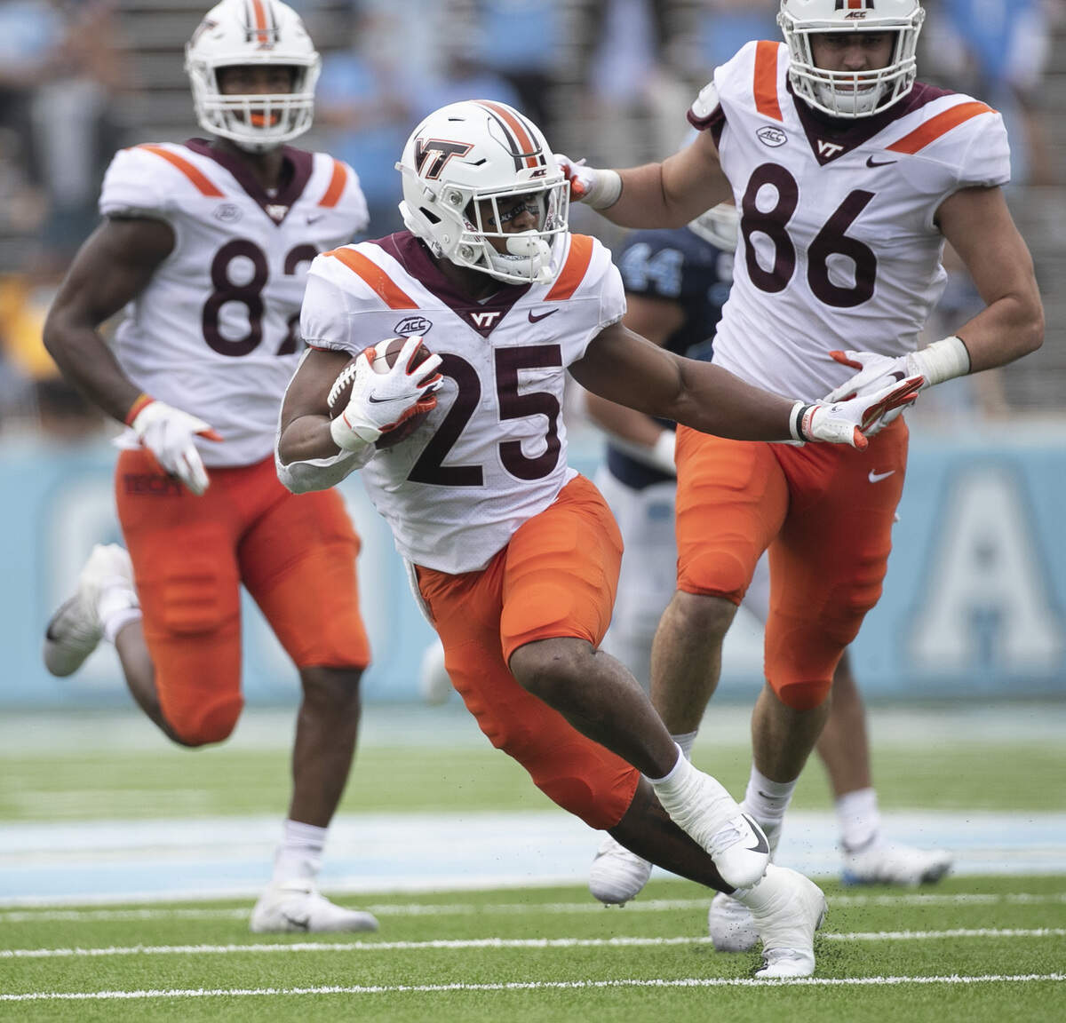 Virginia Tech’s Khalil Herbert (25) breaks open for a five-yard gain in the third quarter against North Carolina on Saturday, October 10, 2020 at Kenan Stadium in Chapel Hill, N.C. Herbert rushed for 138 yards and two touchdowns.