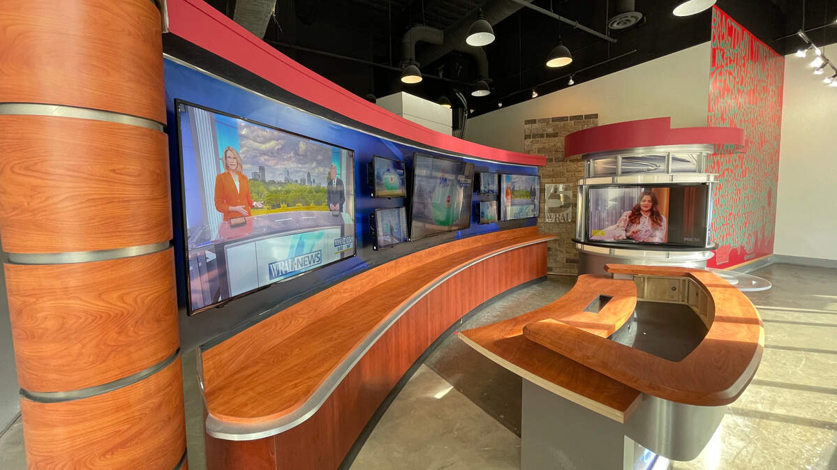 WRAL’s renovated Durham newsroom, located in the American Tobacco Complex, will have large windows facing Blackwell Street with a news ticker and video monitors displaying the latest headlines.