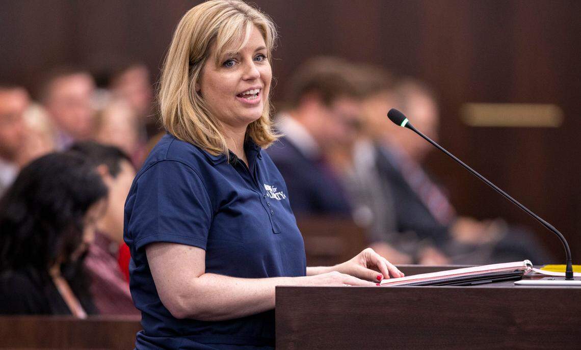 Pat Blackburn, with Moms for Liberty, speaks during a public hearing on HB 755 before the Senate Education/Higher Education Committee, on Wednesday, May 25, 2022 in the Legislative Office Building in Raleigh, N.C.