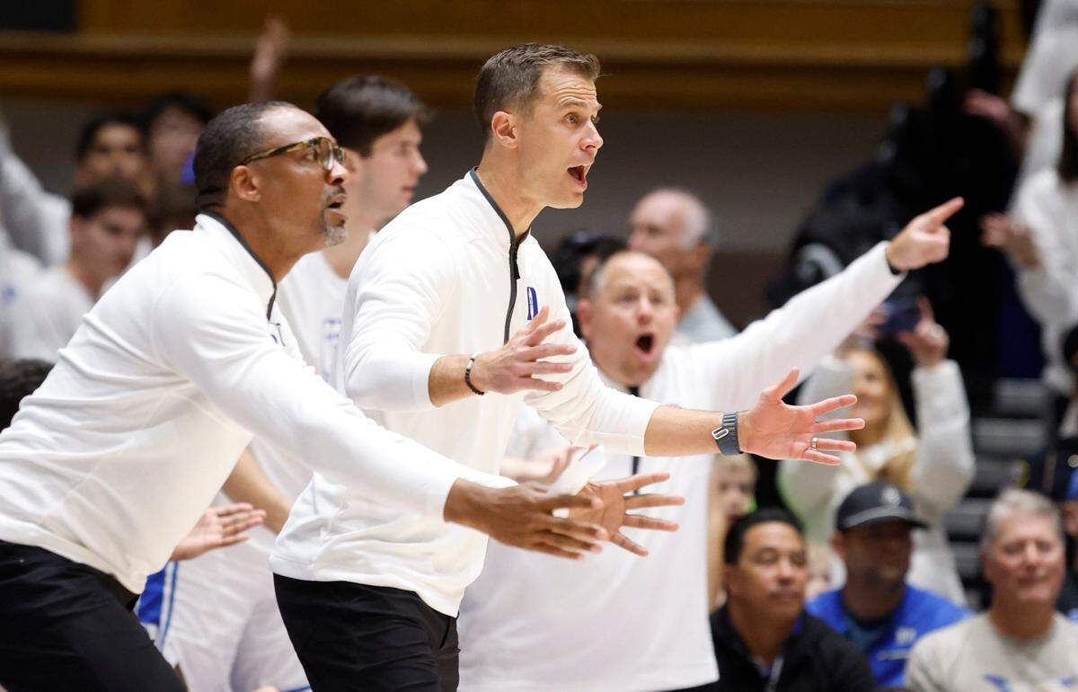 Duke head coach Jon Scheyer can’t believe the call during the first half of Duke’s game against Arizona at Cameron Indoor Stadium in Durham, N.C., Friday, Nov. 10, 2023.