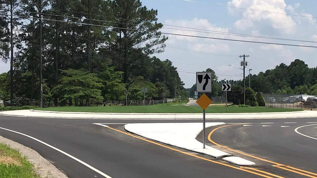 The new roundabout at the intersections of Pine Log and Carthage roads in Robeson County.