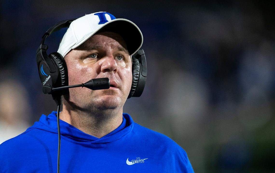 Duke coach Mike Elko reacts after a penalty on Andre Harris Jr. that stalled the Duke drive with under two minutes to play in the fourth quarter against North Carolina on Saturday, October 15, 2022 at Wallace-Wade Stadium in Durham, N.C.