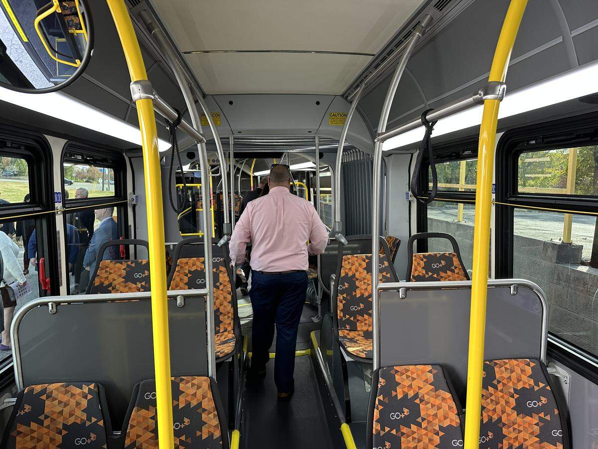 The interior of one of GoRaleigh’s new 60-foot articulated buses. The city will begin using them on the Capital Boulevard route in October 2025.