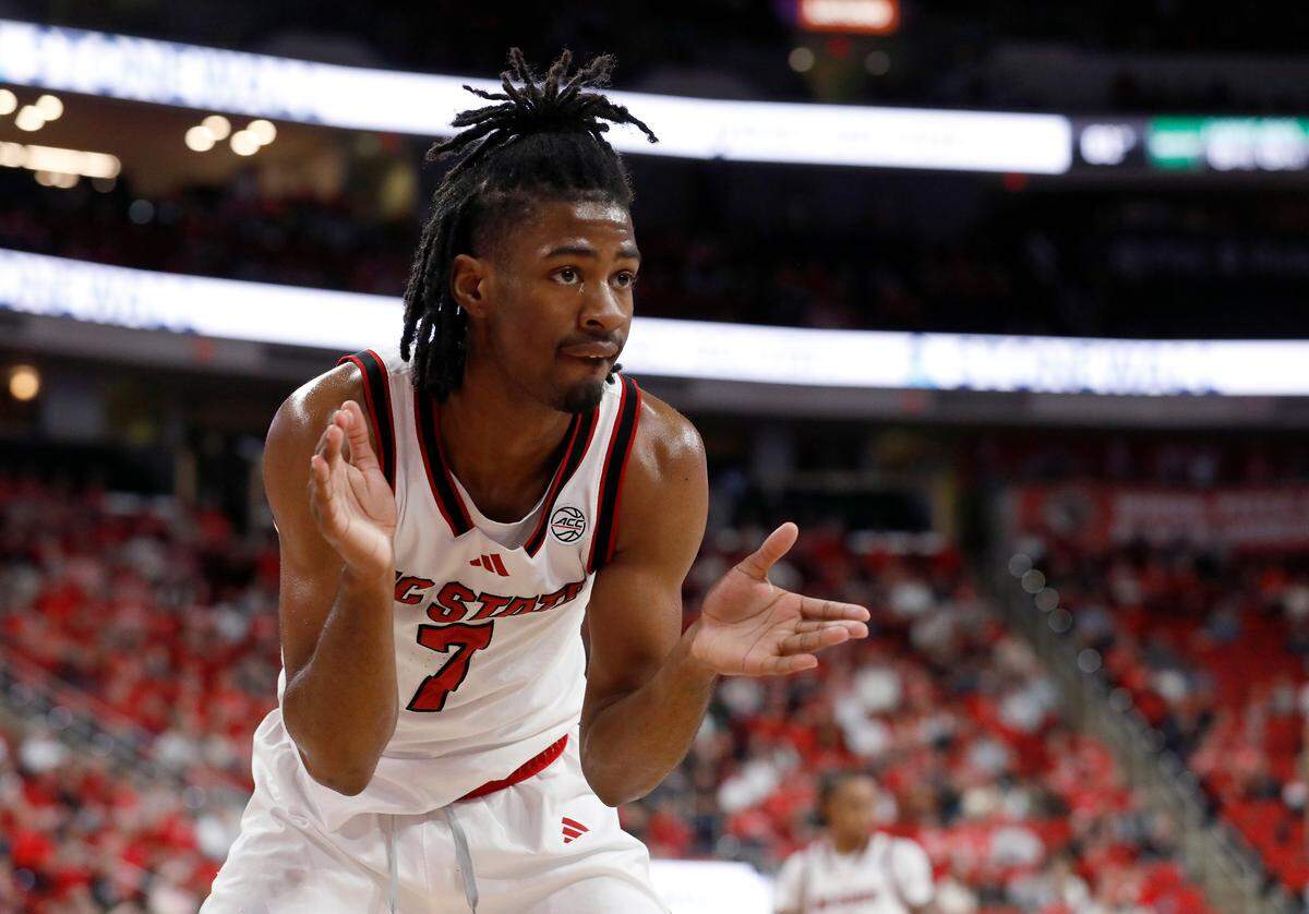N.C. State’s Bryce Heard claps his hands on defense during the second half of the Wolfpack’s 97-66 win over USC Upstate on Monday, Nov. 4, 2024, at Lenovo Center in Raleigh, N.C.