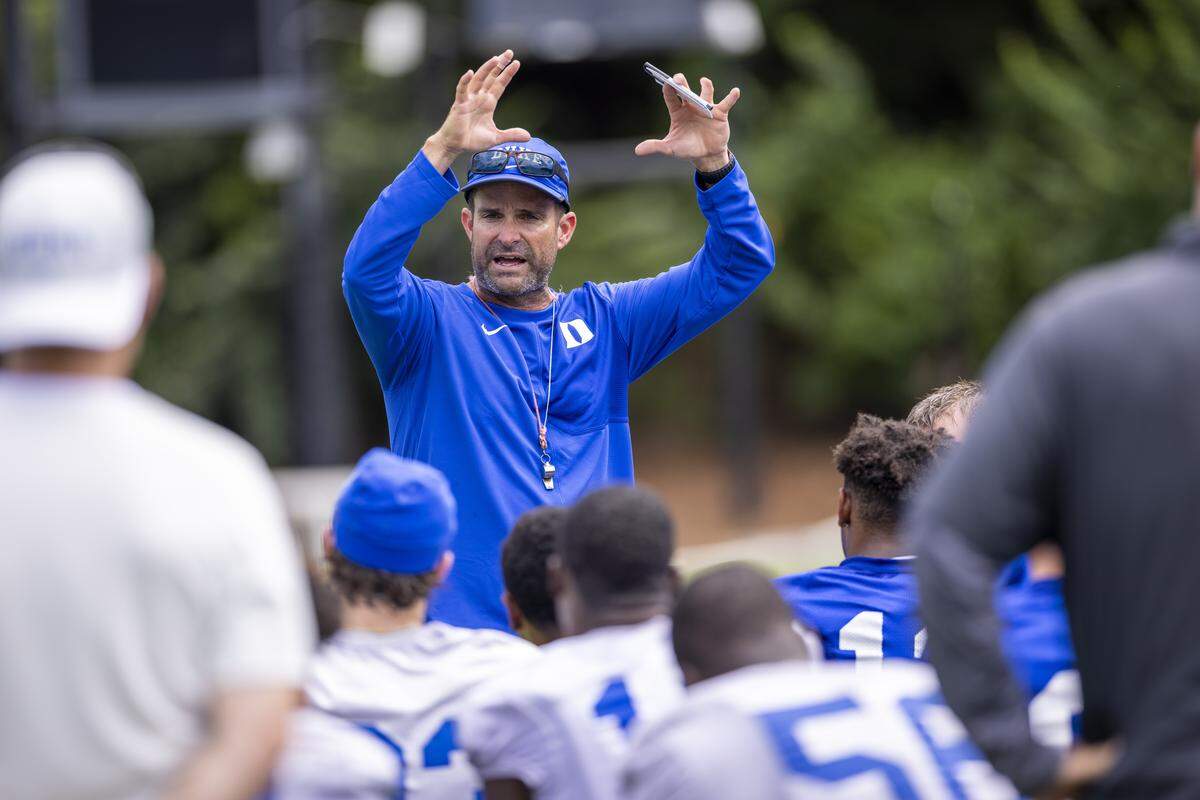 Duke’s head football coach Manny Diaz leads a practice on Monday, July 28, 2025 at Duke University.