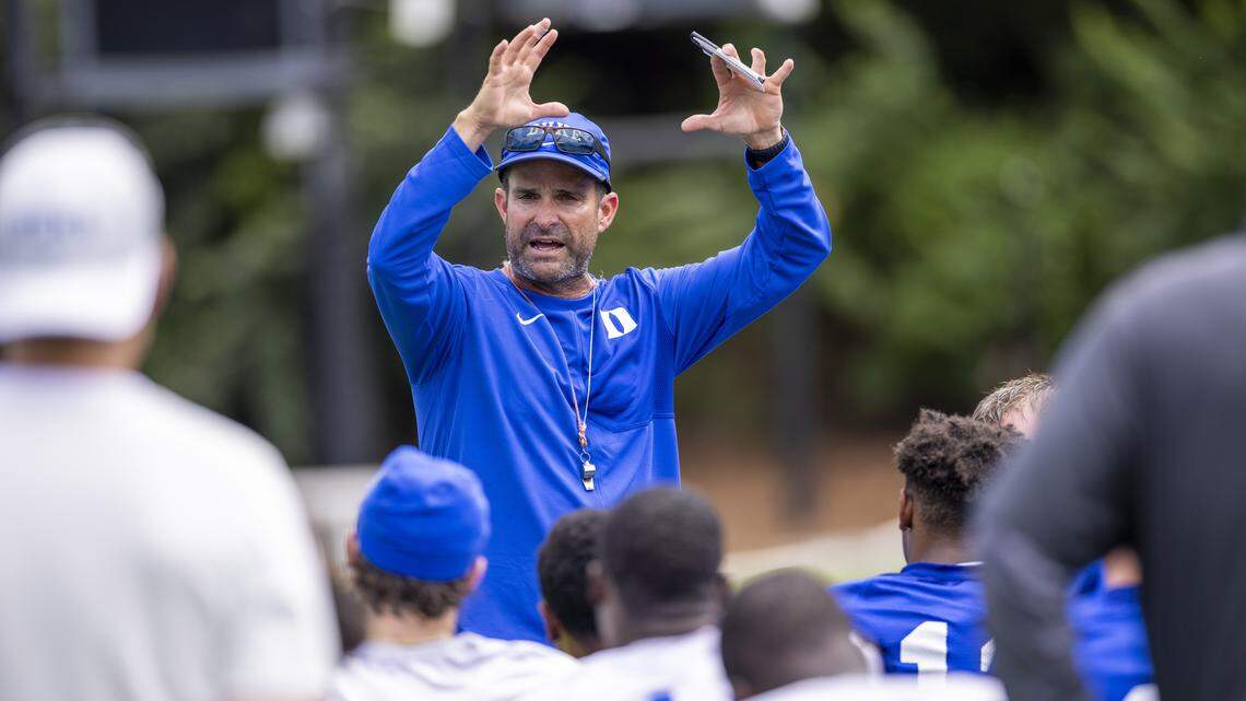 Duke’s head football coach Manny Diaz leads a practice on Monday, July 28, 2025 at Duke University.