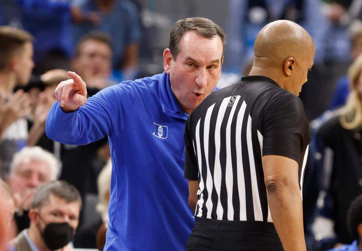 Duke head coach Mike Krzyzewski argues a call during the first half of Dukes game against Texas Tech in the Sweet 16 round of the NCAA Tournament at the Chase Center in San Francisco, Calif., Thursday, March 24, 2022.