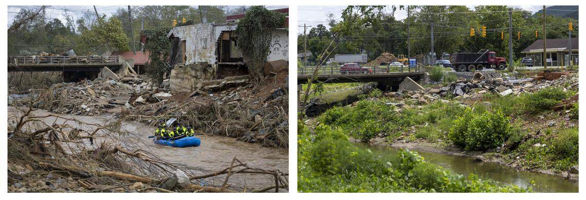 At left, a search and rescue team paddles down the Swannanoa River on Sept. 29, 2024, just days after Helene hit. At right, the storm’s scars and devastation were visible in August, as the slow process of recovery continues.