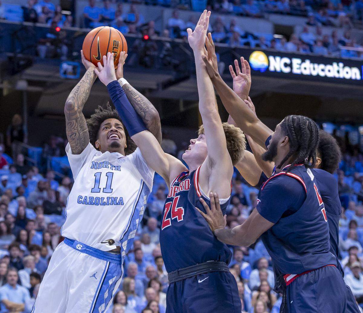 North Carolina guard Jonathan Powell (11) puts up a shot against Radford guard Lukas Walls (24) in the first half on Tuesday, November 11, 2025 at the Smith Center in Chapel Hill, N.C.