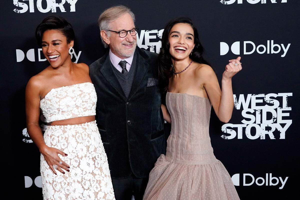 Ariana DeBose, left, Steven Spielberg and Rachel Zegler attend the “West Side Story” premiere at the Rose Theater at Lincoln Center on Monday, Nov. 29, 2021, in New York.