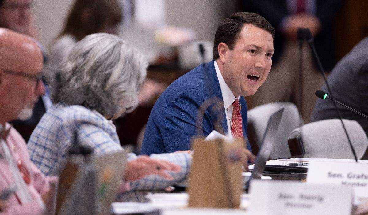 Senator David W. Craven, introduces an amendment to HB 442 to prohibit shrimp trawling in all inshore fishing waters and within one-half mile of the shoreline, during the Senate Agriculture, Energy and Environment committee meeting on Tuesday, June 17, 2025 at the North Carolina General Assembly in Raleigh, N.C.