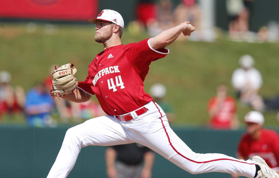 N.C. State pitcher Kent Klyman (44) throws during the Wolfpack's game against Army in the Raleigh Regional at Doak Field Sunday, June 3, 2018.