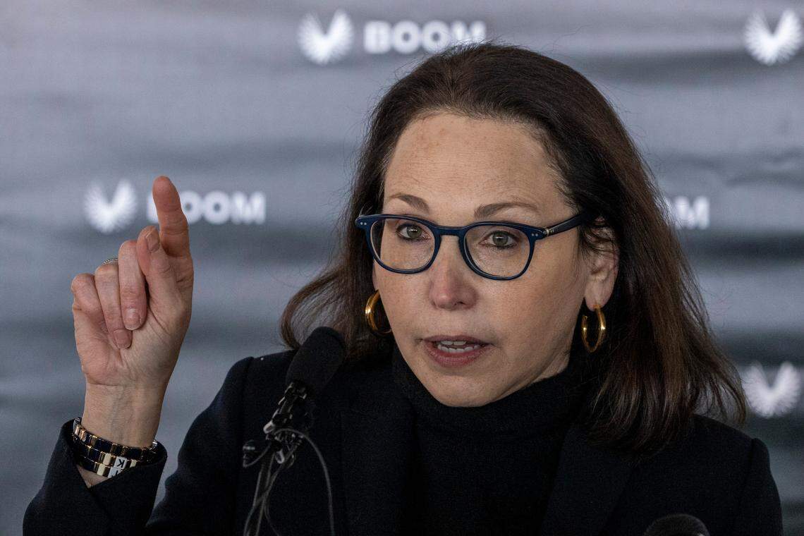 President and Chief Business Officer Kathy Savitt speaks with reporters following a press conference Wednesday, Jan. 26, 2022 at Greensboro’s Piedmont Triad International announcing Boom Supersonic’s plans to build a $500 million “flagship” production facility at the airport that is expected to create more than 1,750 jobs.