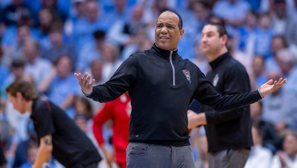 Down by ten points late in the second half to North Carolina, N.C. State coach Kevin Keatts reacts as Casey Morsell (14) fouls out of the game on Saturday, March 2, 2023 at the Smith Center in Chapel Hill, N.C.