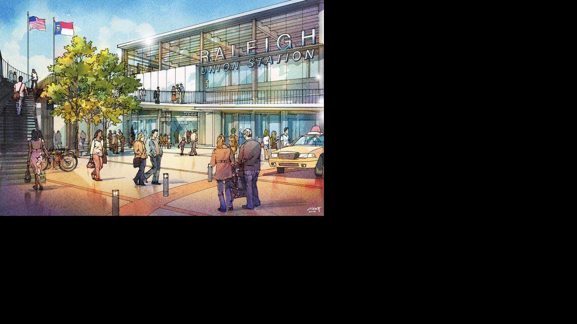 A rendering shows the front entrance to Raleigh Union Station. A proposal would include restaurants and other retail and commercial spaces.

