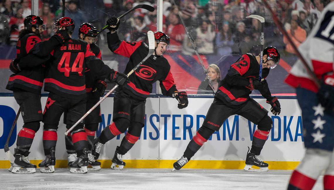 Carolina Hurricanes’ Jesperi Kotkaniemi (82) and his teammates react after scoring on Washington Capitals’ goalie Darcy Kuemper (35) to take a 1-0 lead in the first period during the Stadium Series game on Saturday, February 18, 2022 at Carter-Finley Stadium in Raleigh, N.C.