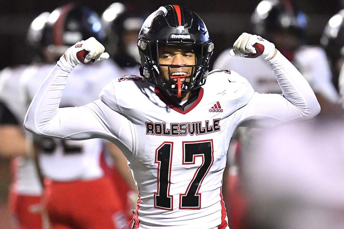 Rolesville wide receiver Jaedon Alford (17) reacts after running for the long touchdown after breaking tackles from Cardinal Gibbons during the first half. The Rolesville Rams and the Cardinal Gibbons Crusaders met in the East Regional Final of the NCHSAA 4A football playoffs in Raleigh, N.C. on December 13, 2024.