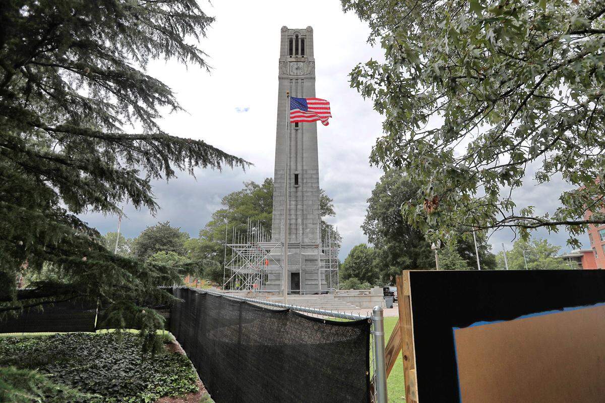 Scaffolding is erected around N.C. State’s bell tower in Raleigh, N.C., Wednesday, August 28, 2019.