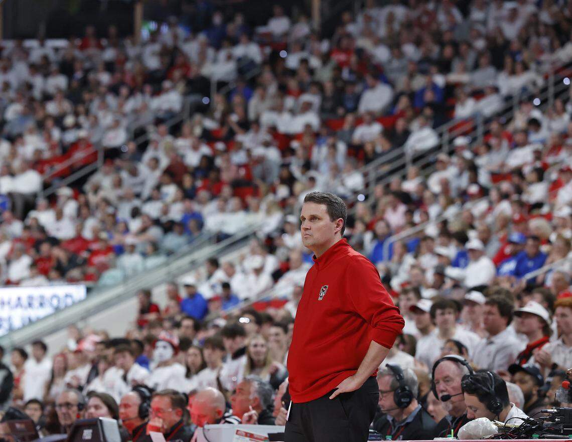 NC State head coach Will Wade watches from the sideline during the second half of the Wolfpack’s 93-64 loss to Duke on Monday, March 2, 2026, at Lenovo Center in Raleigh, N.C. 