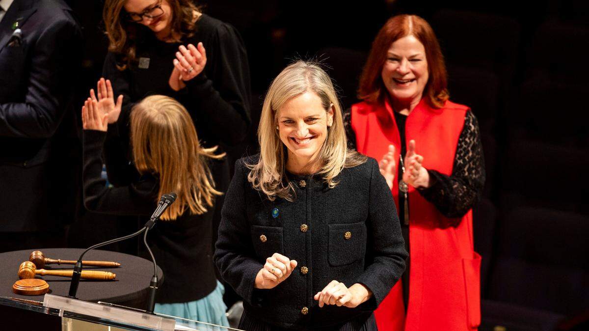Incoming Raleigh Mayor Janet Cowell takes part in a swearing-in ceremony as outgoing Mayor Mary-Ann Baldwin, right, looks on at Meymandi Concert Hall in the Martin Marietta Center for the Performing Arts in Raleigh on Monday, Dec. 2, 2024.