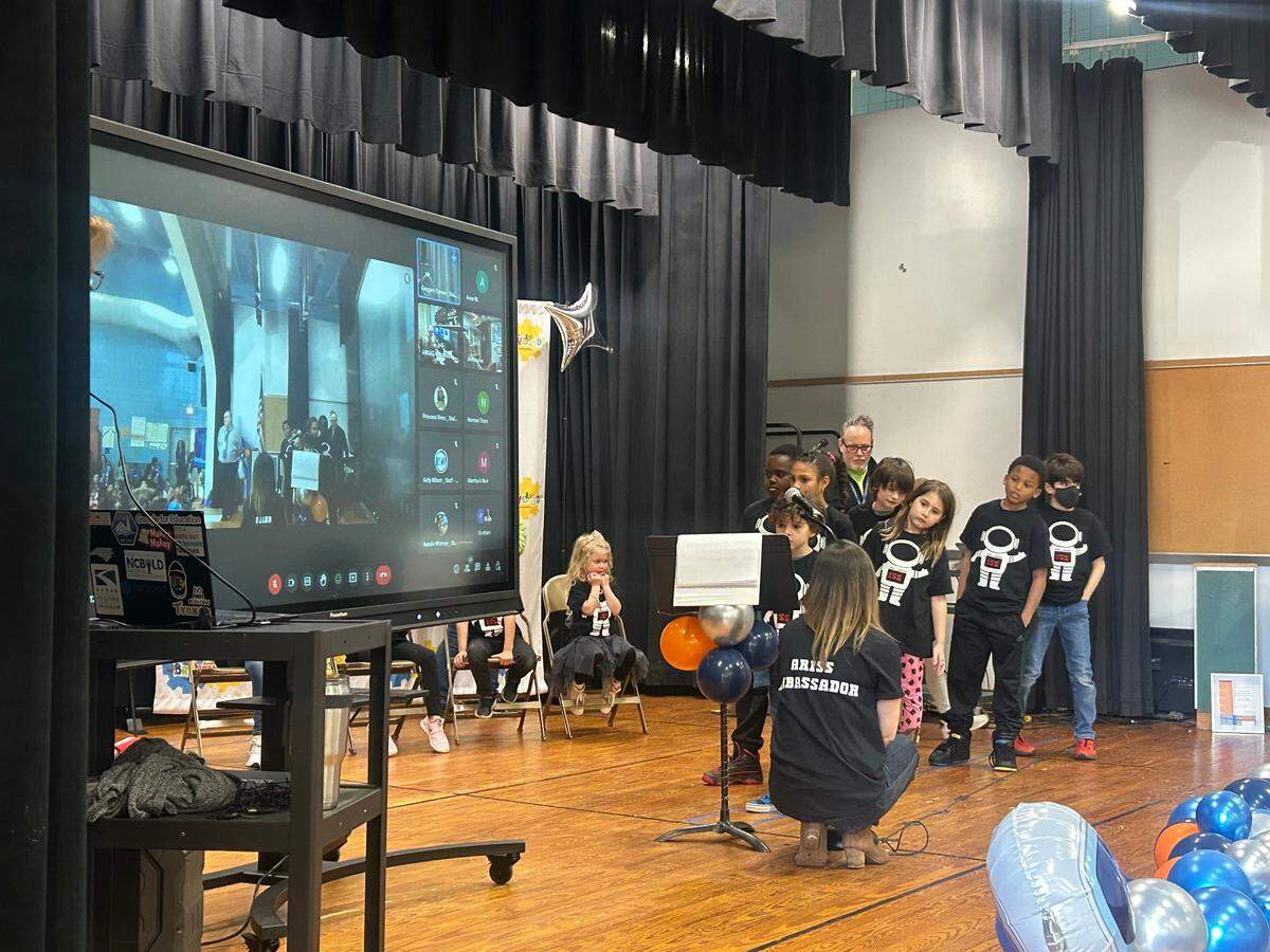 Students at Brentwood Elementary School in Raleigh, N.C. line up on Jan. 26, 2023 to ask questions via ham radio to astronaut Koichi Wakata, who is serving on the International Space Station.