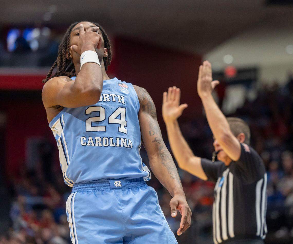 North Carolina forward Jae’Lyn Withers (24) reacts after sinking a three-point basket in the first half against San Diego State during the NCAA First Four on Tuesday, March 18, 2025 at the University of Dayton Arena in Dayton, Ohio.