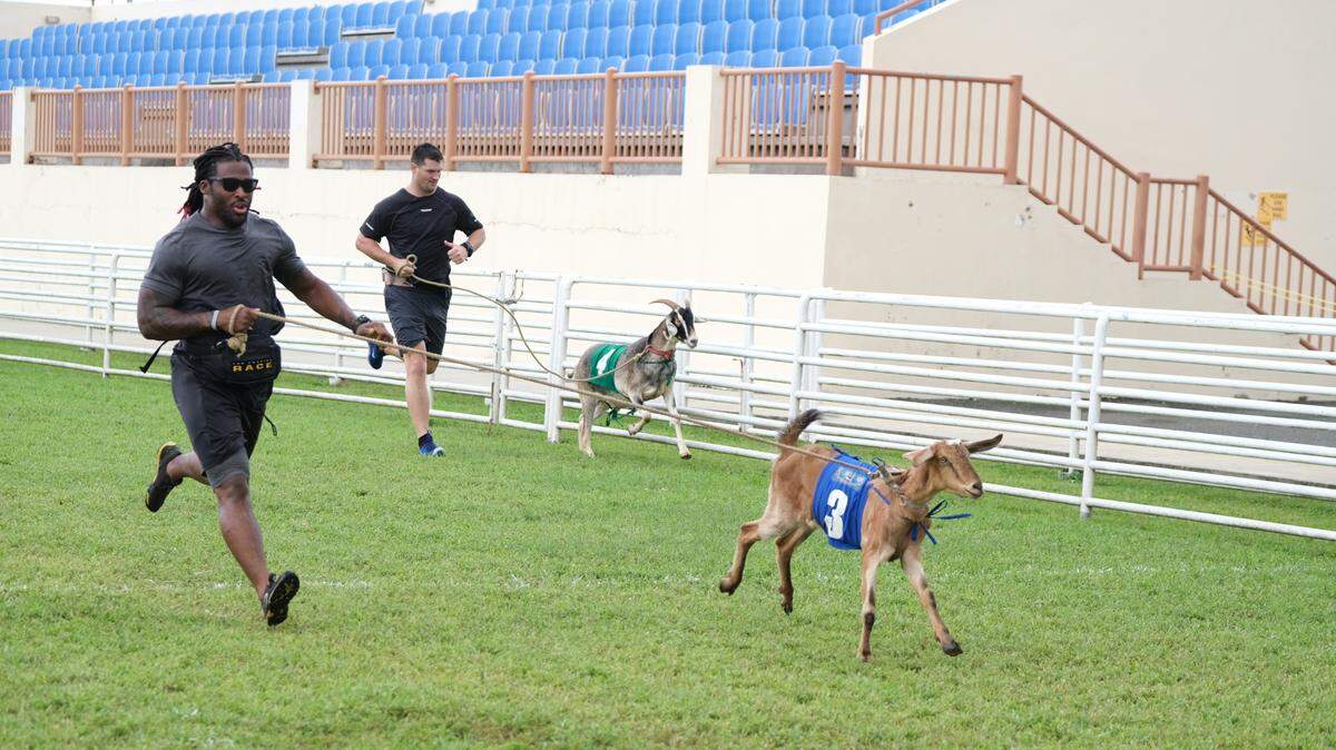 Former Carolina Panthers NFL stars DeAngelo Williams, left, and Gary Barnidge, in Season 32 of “The Amazing Race” on CBS.