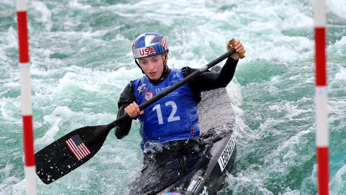 Evy Leibfarth competes in the women’s canoe during 2024 Olympic Team Trials for Canoe/Kayak Slalom and Kayak Cross at the RIVERSPORT Whitewater Center in Oklahoma City, Saturday, April 27, 2024.