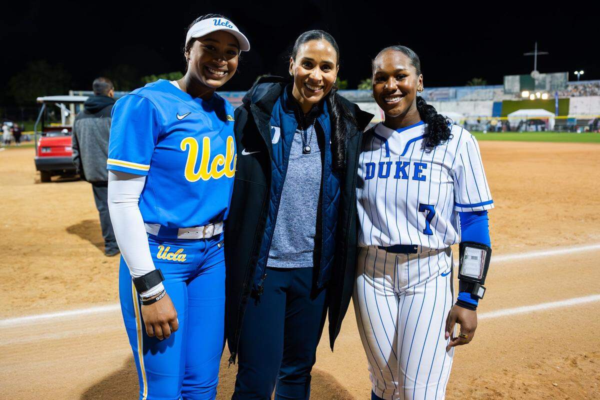 Duke head coach Marissa Young poses for a photo with her daughters, Blue Devils outfielder Layla Lamar and UCLA outfielder Jolyna Lamar at the Mary Nutter Classic in Cathedral City, CA, on Feb. 20, 2026.