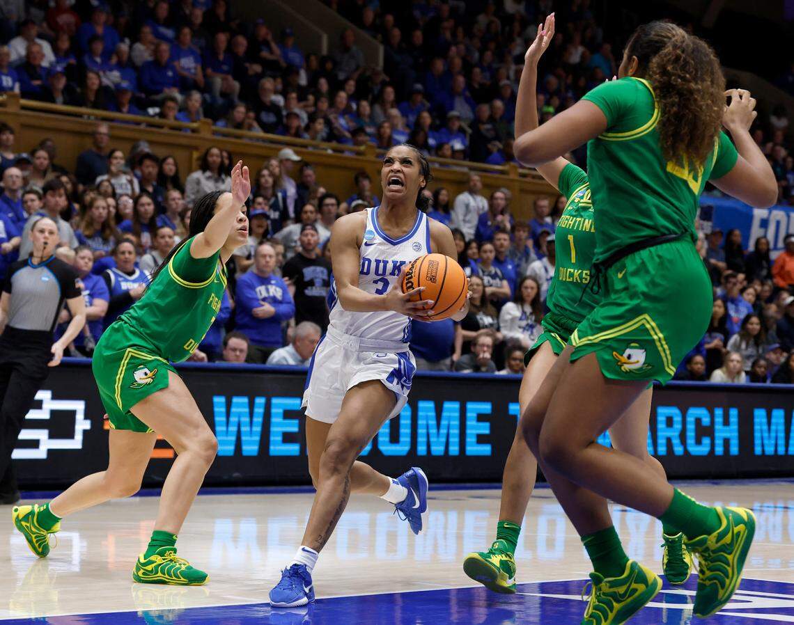 Duke’s Ashlon Jackson drives to the basket during the second half of the Blue Devils’ 59-53 win over Oregon in the second round of the NCAA Tournament on Sunday, March 23, 2025, at Cameron Indoor Stadium in Durham, N.C.