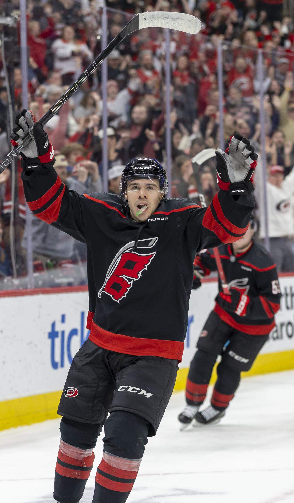 Carolina Hurricanes center Logan Stankoven (22) reacts after scoring on Dallas goalie Jake Oettinger (29) in the first period to take a 3-1 lead on Tuesday, January 6, 2026 at Lenovo Center in Raleigh, N.C.