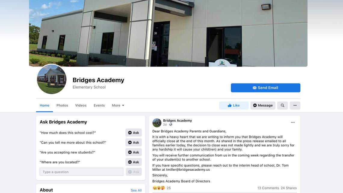 A screenshot of the Bridges Academy Facebook page. State Board of Education members are citing the closed Wilkes County charter school’s financial issues as a reason for putting in a new policy before charters can get state and fedeal funds.