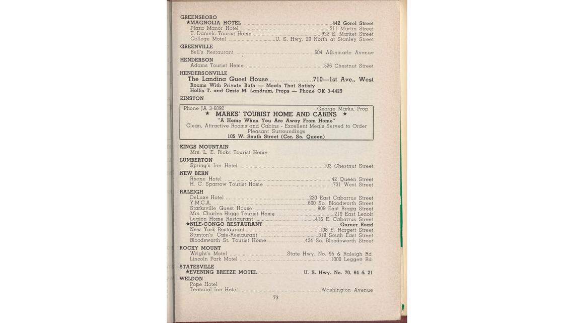 A page of N.C. establishments listed in the 1956 edition of “The Green Book”.