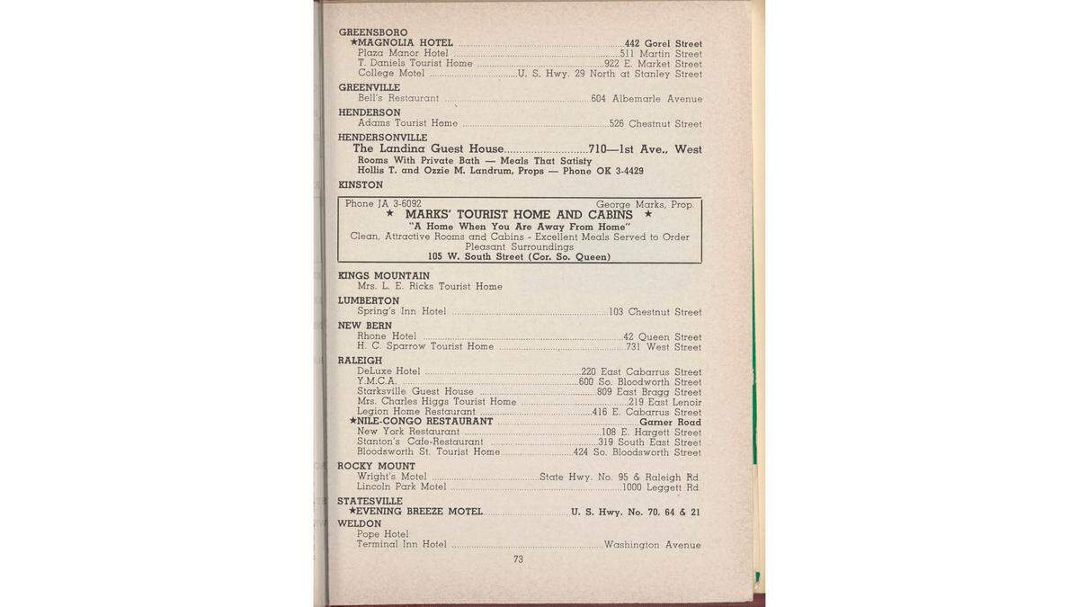A page of N.C. establishments listed in the 1956 edition of “The Green Book”.