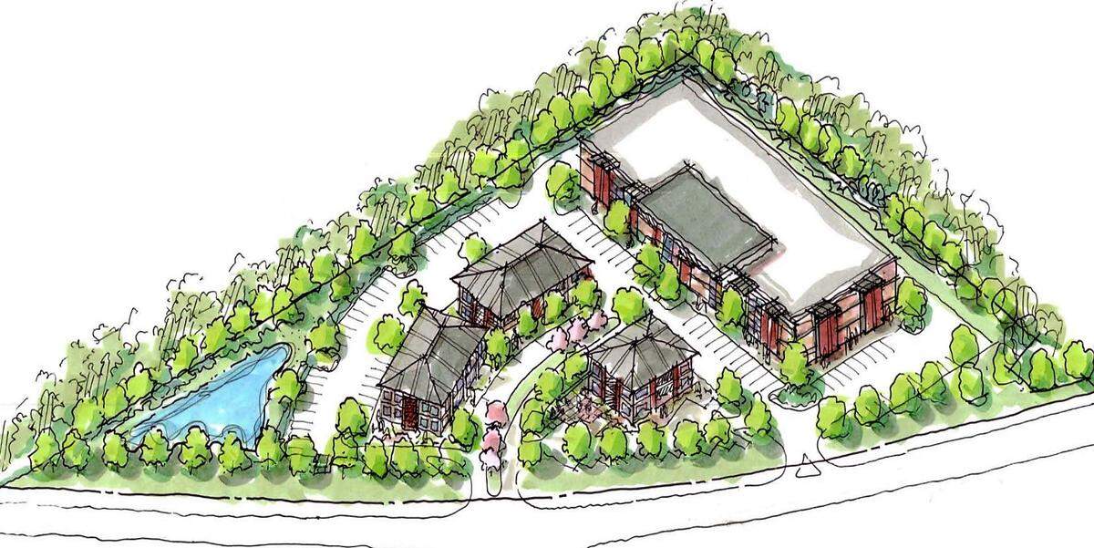 An architect’s rendering shows a concept plan for Morgan Creek Commons. The initial design includes four buildings and a stormwater pond on the southern boundary. The developer is looking at permeable pavement for the driveways and parking lots.