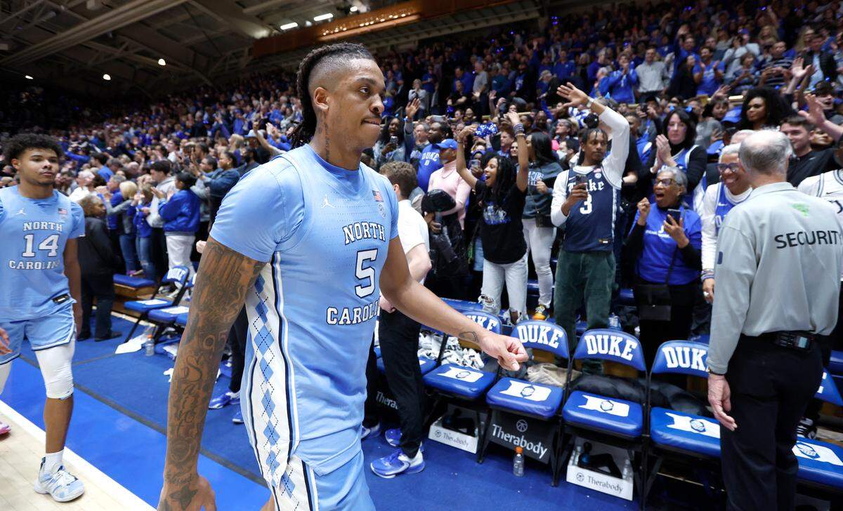 North Carolina’s Armando Bacot (5) walks off the court after Duke’s 63-57 victory over UNC at Cameron Indoor Stadium in Durham, N.C., Saturday, Feb. 4, 2023.