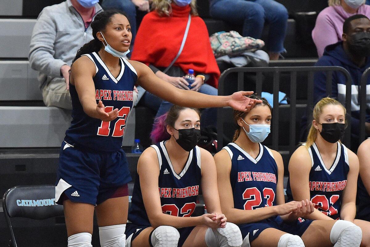 Apex Friendship’s Indya Nivar (12) reacts to a call against her team during overtime. The Panther Creek Catamounts and the Apex Friendship Patriots met in a conference basketball game in Cary, NC on January 28, 2022.
