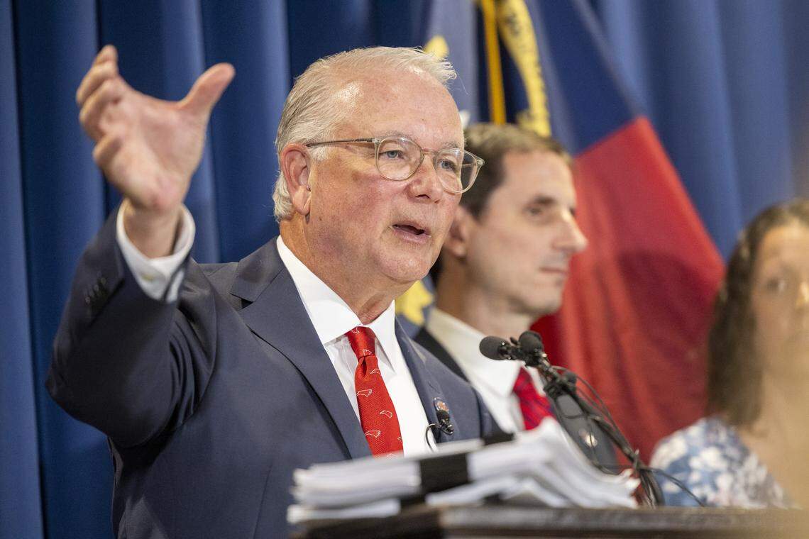 State Auditor Dave Boliek recommends dozens of changes during a press conference highlighting a 435-page audit report Monday, Aug. 4, 2025, at the Albemarle Building in Raleigh. Boliek, a Republican, made an audit of the DMV part of his platform when he was elected last fall.