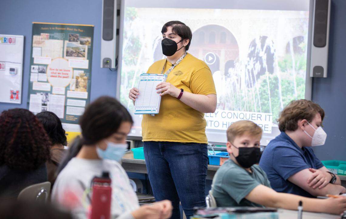 McDougle Middle School social studies teacher Jessica Caso teaches her 7th graders about African history in Chapel Hill, N.C. on Friday, Feb. 18, 2022.