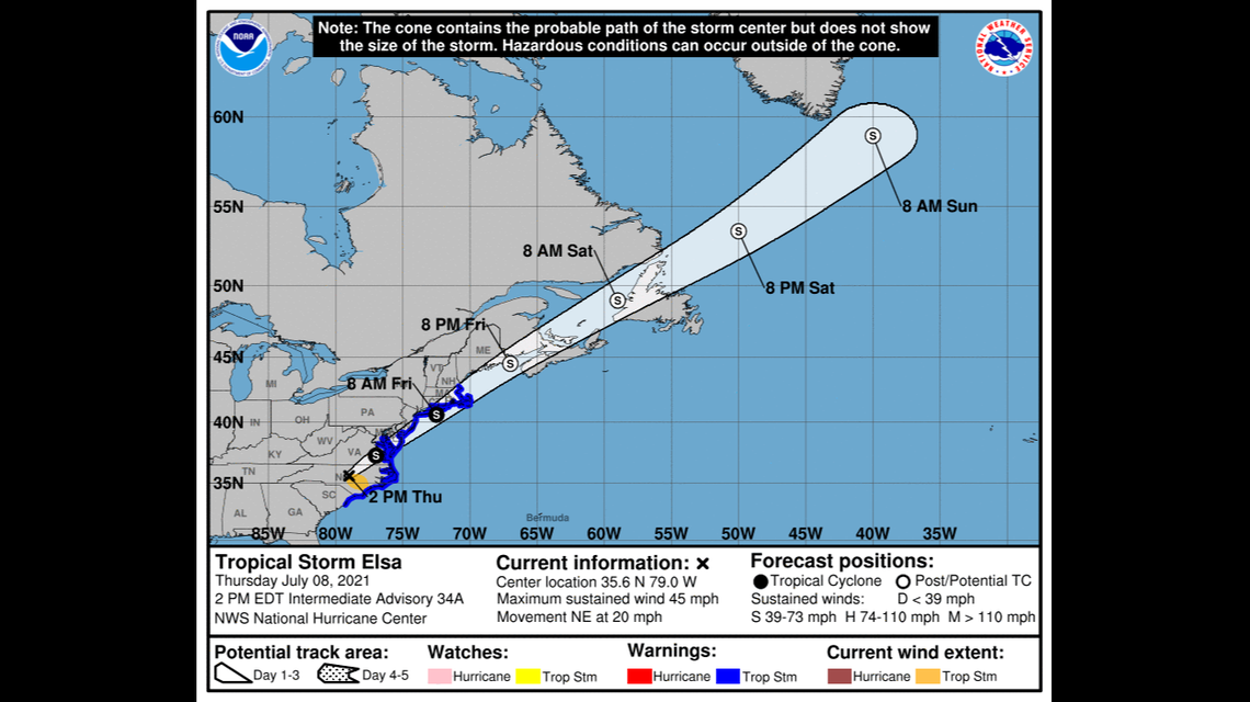 A map from the National Hurricane Center shows Tropical Storm Elsa’s projected path as of 2 p.m. Thursday.