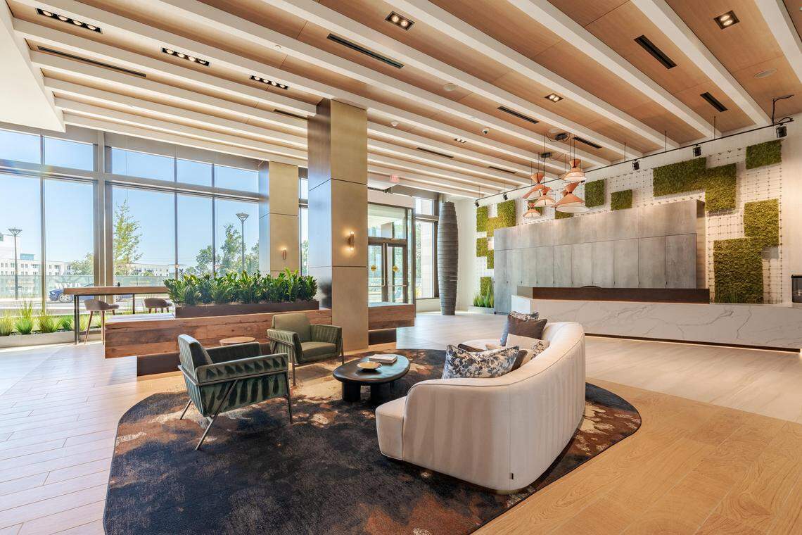 The lobby inside “The Holston,” a new 20-story luxury apartment building inside the mixed-use development, The Weld, on Raleigh’s southern edge.