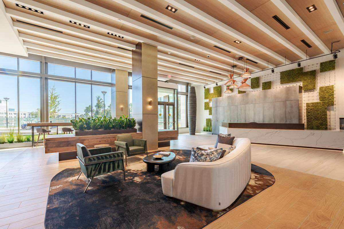 The lobby inside “The Holston,” a new 20-story luxury apartment building inside the mixed-use development, The Weld, on Raleigh’s southern edge.