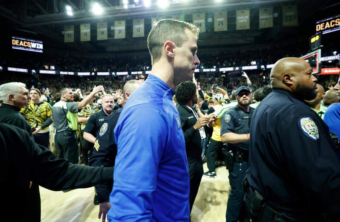 Duke head coach Jon Scheyer walks off the court after Wake Forest’s 83-79 victory over Duke at Lawrence Joel Veterans Memorial Coliseum in Winston-Salem, N.C., Saturday, Feb. 24, 2024.